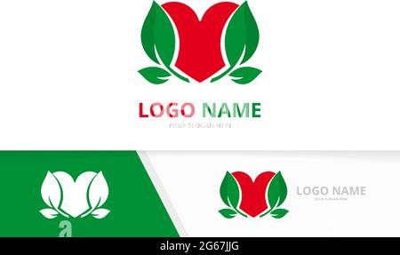 Hochwertige Herz-Logo-Kombination. Love and Leaves Logo Design-Vorlage. Stock Vektor