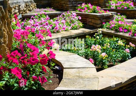 Landschaftsgestaltung von schönen Hausgarten, Landschaftsgestaltung mit Steinfliesen und Blumenbeete in Wohnhaus Hinterhof. Schöne Blumen und Pflanzen in Ländern Stockfoto