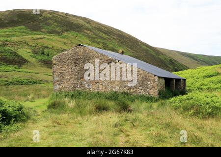 Ruinen von Langden Castle in Langden Brook, Sykes, Forest of Bowland AONB, Lancashire, England, Vereinigtes Königreich Stockfoto