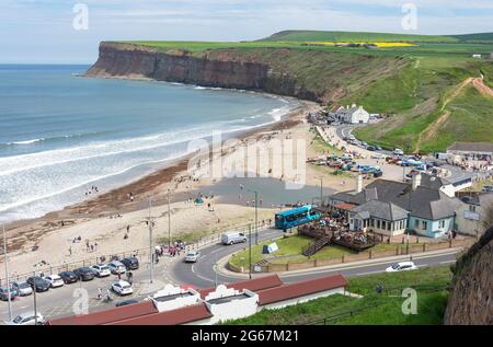 Saltburn Beach and Old Town von Upper Station, Saltburn-by-the-Sea, North Yorkshire, England, Großbritannien Stockfoto