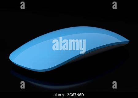 Realistische blaue Computermaus mit isolierter Berührung auf schwarzem Hintergrund. 3D-Rendering des kabellosen Laptop-Trackpads für das Home Office und den Arbeitsplatz Stockfoto