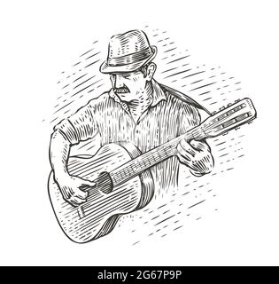 Mann spielt akustische Gitarre. Musikkonzept im Vintage-Sketch-Stil Stock Vektor