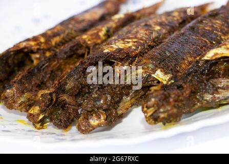 Nahaufnahme Bild Von Kerala Stil Würzigen Sardinen Fisch Fry. Selektiver Fokus Stockfoto