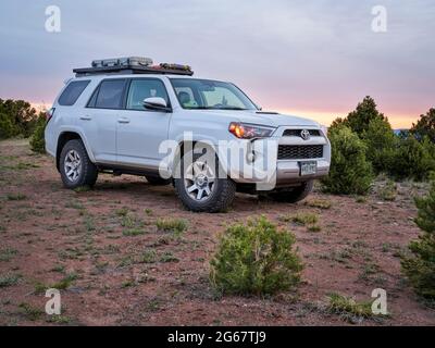 Dinosaur National Monument, CO, USA - 18. Mai 2021: Toyota 4Runner SUV (2016 Trail Modell) bei Sonnenaufgang in der Dürrlandschaft des Nordwestens Colorados entlang Ya Stockfoto