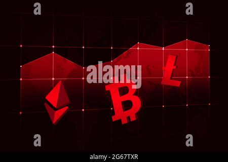 Moderner Red Crypto Currency Market Crash Hintergrund mit Red Graphical Darstellung und Weltkarte im Hintergrund. 3d-gerenderte Krypto-Symbole Stockfoto