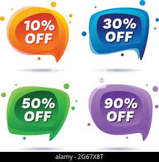 Preisschilder für Sonderangebote. 10, 30, 50 und 90 % Rabatt auf Reduktionssymbole. Verkaufsvektor Abzeichen für Aufkleber, Etiketten, Banner, Tags, Web-Aufkleber. Spe Stock Vektor