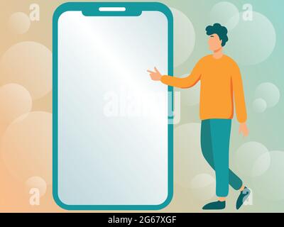Mann, der neben EINEM großen Telefon steht und auf neue Technologien hinweist. Gentleman Zeigt Mit Den Fingern Auf Den Bildschirm „Big Device“ Und Zeigt Frische Technologie. Stock Vektor