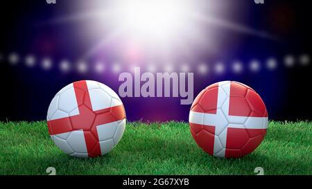 Zwei Fußballbälle in Flaggen-Farben auf Stadion verschwommener Hintergrund. England und Dänemark. Halbfinale. 3d-Bild Stockfoto