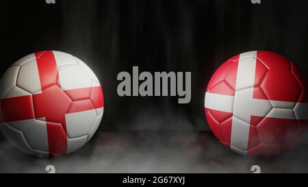 Zwei Fußballbälle in Flaggen-Farben auf schwarzem abstraktem Hintergrund. England und Dänemark. Halbfinale. 3d-Bild Stockfoto