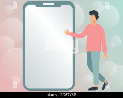 Mann, der neben EINEM großen Telefon steht und auf neue Technologien hinweist. Gentleman Zeigt Mit Den Fingern Auf Den Bildschirm „Big Device“ Und Zeigt Frische Technologie. Stock Vektor
