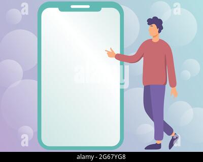 Mann, der neben EINEM großen Telefon steht und auf neue Technologien hinweist. Gentleman Zeigt Mit Den Fingern Auf Den Bildschirm „Big Device“ Und Zeigt Frische Technologie. Stock Vektor
