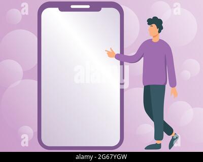 Mann, der neben EINEM großen Telefon steht und auf neue Technologien hinweist. Gentleman Zeigt Mit Den Fingern Auf Den Bildschirm „Big Device“ Und Zeigt Frische Technologie. Stock Vektor