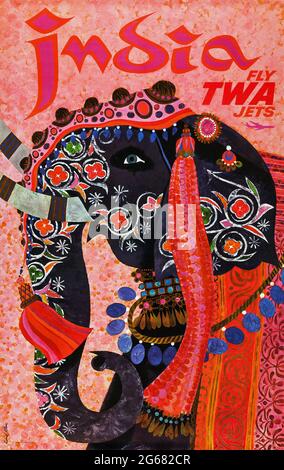 Fly TWA Jets, Indien, Vintage Travel Poster, TWA – Trans World Airlines. Hochauflösendes Poster. David Klein Kunstwerk. Ca. 1960. Elefant. Stockfoto