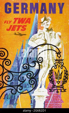 Fliegen Sie TWA-JETS, Deutschland, Vintage Travel Poster, TWA – Trans World Airlines. Kunstwerk von David Klein. 1959. Stockfoto