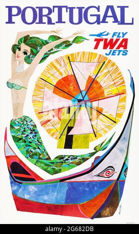 Fly TWA, Portugal, Mermaid Windmill – Vintage Travel Poster, TWA – Trans World Airlines. Künstler: David Klein. 60er Jahre. Stockfoto
