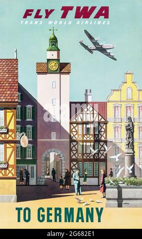 Fly TWA, Deutschland, Vintage Travel Poster, TWA – Trans World Airlines operierte von 1930 bis 2001. Hochauflösendes Poster. 50er Jahre. Stockfoto