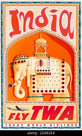 Fly TWA, Indien, Vintage Travel Poster, TWA – Trans World Airlines. Hochauflösendes Poster. Kunst von David Klein c 1960. Stockfoto