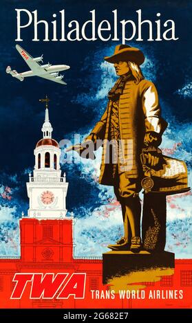 Fly TWA, Philadelphia, Vintage Travel Poster, TWA – Trans World Airlines. Hochauflösendes Poster. Kunst von Robert Swanson, 1950er Jahre. Stockfoto