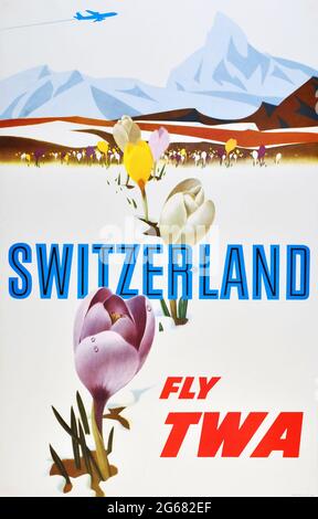 Fly TWA, Schweiz, Vintage Travel Poster, TWA – Trans World Airlines operierte von 1930 bis 2001. Hochauflösendes Poster. Stockfoto