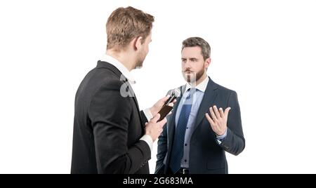 Medienreporter Journalist tun journalistische Interview mit Mann Geschäftsmann oder Politiker, Interviews Stockfoto