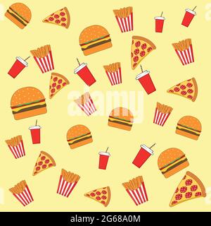 Fastfood-Muster mit modernen Abbildungen von Doodle-Lebensmitteln. Nahtloser Vektorhintergrund, Hamburger mit Käse und Koteletts, Pommes, Glas mit einem Getränk, sl Stock Vektor