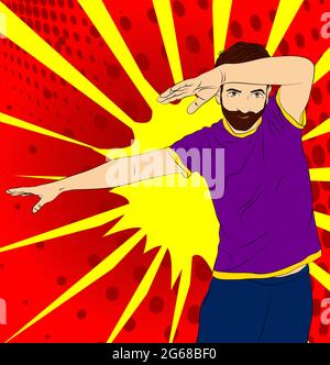 Cooler Mann, der tanzt. Genießen Sie Musik in der Disco, bei einem Hip-Hop-Rockkonzert. Fröhlicher Typ in einem Nachtclub. Vektorgrafik im Comic-Stil. Stock Vektor
