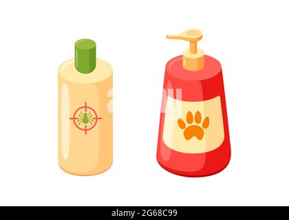 PET-Shampoo- und Kosmetikflaschen. Shampoo für die Pflege von Katzen und Hunden. Vektor-Illustration in niedlichen Cartoon-Stil Stock Vektor