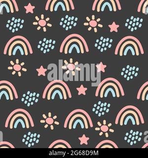 Nahtloses Boho-Muster mit Regenbogen, Sternen, Regen und Sonne für Textilien und Stoffe. Skandinavischer Druck. Sommer Tapete, Hintergrund Stock Vektor