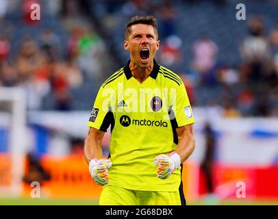 Chicago, USA, 03. Juli 2021. Major League Soccer (MLS) der FC Chicago Fire Torwart Bobby Shuttleworth feiert mit dem Fire-Tor ein Tor gegen den FC Atlanta United im Soldier Field in Chicago, IL, USA. Chicago gewann 3:0. Kredit: Tony Gadomski / All Sport Imaging / Alamy Live Nachrichten Stockfoto