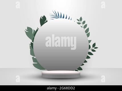 3D realistische Zylinder Podium minimale Szene und Kreis Hintergrund in weißem Hintergrund mit tropischen grünen Blättern. Sie können für Show-Kosmetik-Produkte verwenden, Stock Vektor