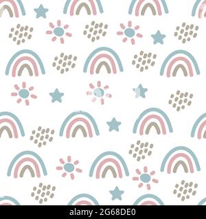 Nahtloses Boho-Muster mit Regenbogen, Sternen, Regen und Sonne für Textilien und Stoffe. Skandinavischer Druck. Sommer Tapete, Hintergrund Stock Vektor