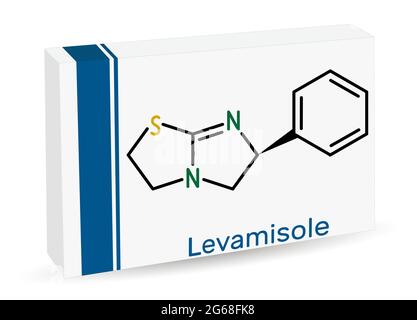 Levamisole-Molekül. Es ist ein Antihelminthikum zur Behandlung von parasitären, viralen, bakteriellen Infektionen. Chemische Formel des Skeletts. Papierverpackung Stock Vektor