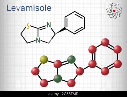 Levamisole-Molekül. Es ist ein Antihelminthikum zur Behandlung von parasitären, viralen, bakteriellen Infektionen. Strukturelle chemische Formel und Molekül Stock Vektor