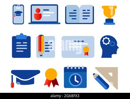 Icon Set von Online-Bildung Laptop-Bildschirm Smartphone Buch Kappe Bleistift Trophäe lernen Ausbildung Web Diploma Kurs Stock Vektor
