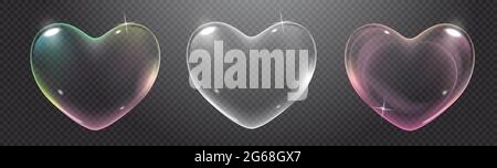 Set von realistischen transparenten rosa, Regenbogen und weißen Vektor Seifenblasen als Herz geformt. Romantisches seifiges Herz in glänzendem Glanz. Valentinstag-Symbol Stock Vektor