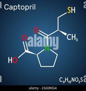 Captopril-Molekül. Es handelt sich um einen Angiotensin-konvertierenden Enzyminhibitor, ACE-Hemmer, der zur Behandlung von Bluthochdruck und Bluthochdruck verwendet wird. Dunkles blu Stock Vektor