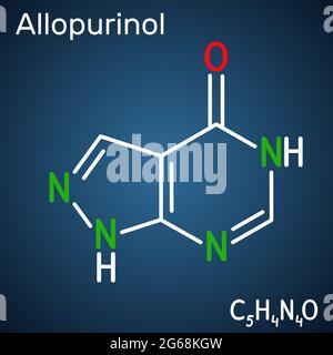 Allopurinol-Molekül. Das Medikament ist ein Xanthinoxidase-Hemmer, der verwendet wird, um hohe Harnsäurespiegel im Blut zu senken. Strukturelle chemische Formel auf dem dunkelblauen b Stock Vektor