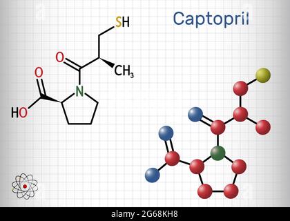 Captopril-Molekül. Es handelt sich um einen Angiotensin-konvertierenden Enzyminhibitor, ACE-Hemmer, der zur Behandlung von Bluthochdruck und Bluthochdruck verwendet wird. Blatt von Stock Vektor