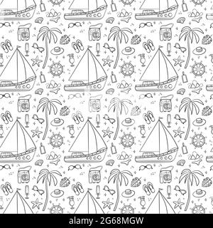 Nahtloses Reise- und Urlaubsmuster mit Reiseelementen. Nahtlose Muster für Design, Poster, Hintergründe Urlaub und Reise Thema. Yacht, Palm Stock Vektor