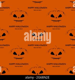 Halloween Nahtloses Muster mit schwarzen Kürbissen und Text auf orangefarbenem Hintergrund. Halloween Vektor nahtloses Muster. Vektorgrafik Stock Vektor