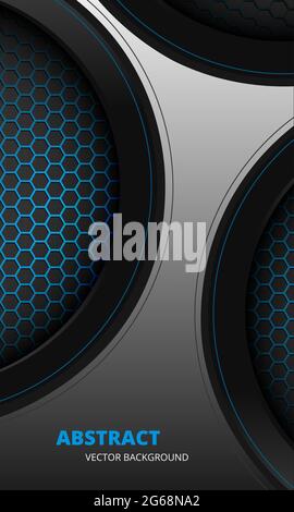 Futuristischer abstrakter grauer und blauer vertikaler Vektor-Hintergrund mit Sechskant-Kohlefaser. Dunkler abstrakter 3D-Hintergrund mit Wabenraster und Blau Stock Vektor