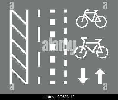 Fahrradwegschild, Fahrbahnmarkierungen und Pfeile, die in die Richtung zeigen. Vektorgrafik Stock Vektor
