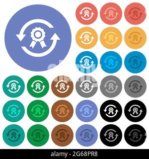 Mehrfarbige flache Symbole auf runden Hintergründen erneuern. Im Lieferumfang enthalten sind weiße, helle und dunkle Symbolvarianten für schwebe- und aktive Statuseffekte, ein Stock Vektor