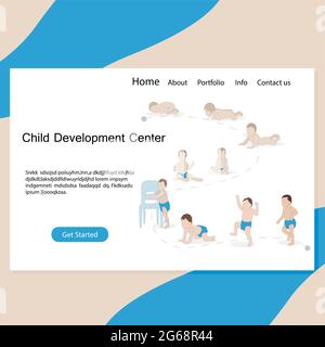 Webseite des Kinderentwicklungszentrums. Baby Evolution, von Windel zu Fuß Prozess, Crawl Entwicklung, lernen Schritt im Kindergarten Stock Vektor