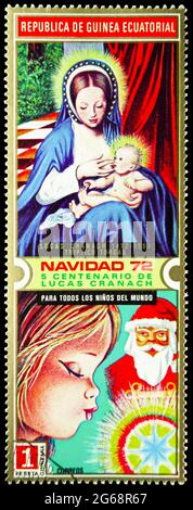 MOSKAU, RUSSLAND - 16. DEZEMBER 2020: Briefmarke gedruckt in Äquatorialguinea zeigt Gemälde von Lucas Cranach, Weihnachtsserie, 1 Äquatorialguinea Stockfoto