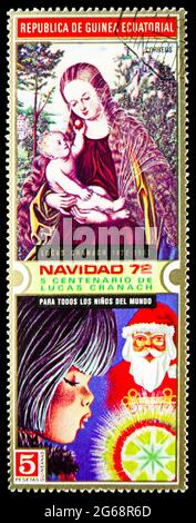 MOSKAU, RUSSLAND - 16. DEZEMBER 2020: Briefmarke gedruckt in Äquatorialguinea zeigt Gemälde von Lucas Cranach, Weihnachtsserie, 5 Äquatorialguinea Stockfoto