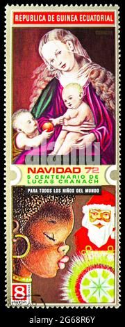 MOSKAU, RUSSLAND - 16. DEZEMBER 2020: Briefmarke gedruckt in Äquatorialguinea zeigt Gemälde von Lucas Cranach, Weihnachtsserie, 8 Äquatorialguinea Stockfoto