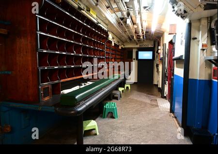 Das Innere eines Kutsches der königlichen Post, der während des großen Eisenbahnraubs 1961 ausgeraubt wurde. Stockfoto