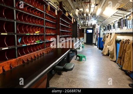 Das Innere eines Kutsches der königlichen Post, der während des großen Eisenbahnraubs 1961 ausgeraubt wurde. Stockfoto