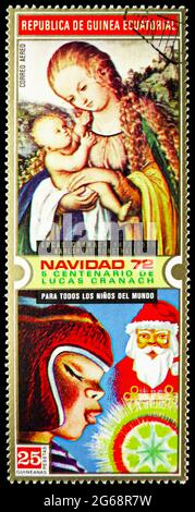 MOSKAU, RUSSLAND - 16. DEZEMBER 2020: Briefmarke gedruckt in Äquatorialguinea zeigt Gemälde von Lucas Cranach, Weihnachtsserie, 25 Äquatorialguinea Stockfoto